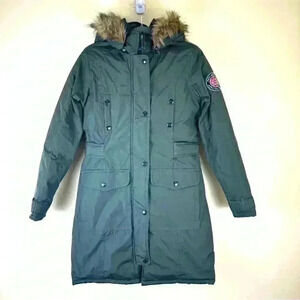 Rocawear Artic Green Faux Fur Hood Tie Waist Snap Puffer Parka Long Coat Size S